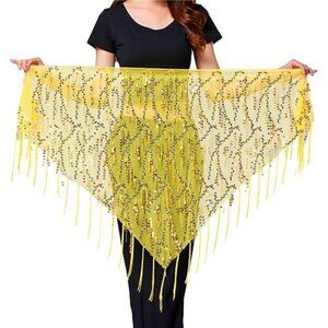Yellow Sheer Sequin Belly Dance Hip Scarf – Sparkling Wrap Skirt with Fringe
